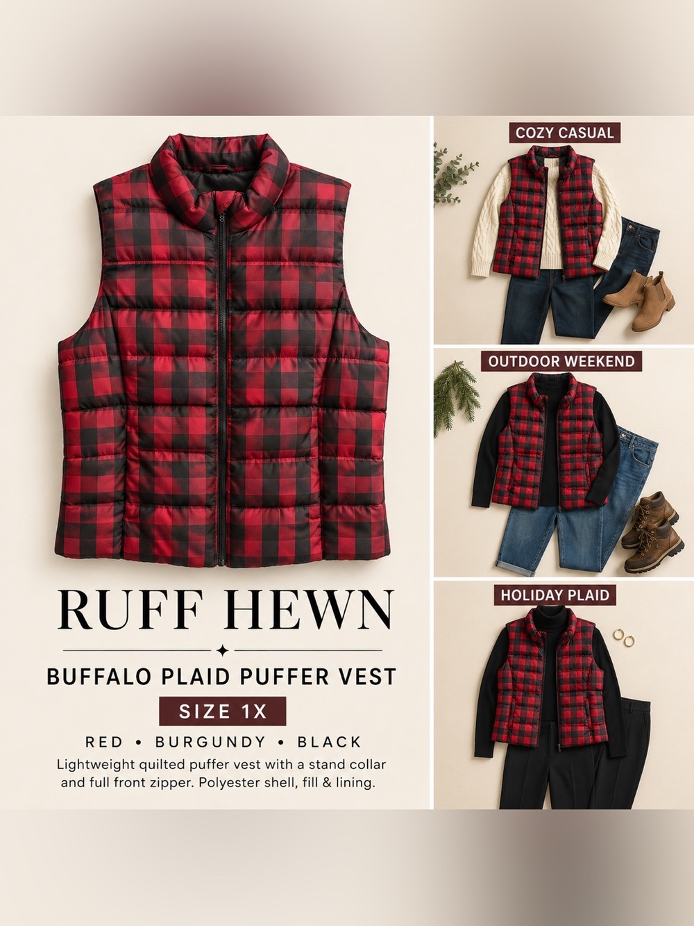 Ruff Hewn Buffalo Plaid Quilted Puffer Vest Size 1X